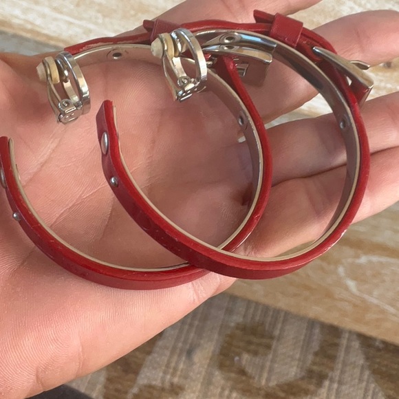 AUTH VTG Christian Dior Red Leather Logo Silver Belt Buckle Large Hoop Earrings - Picture 2 of 14